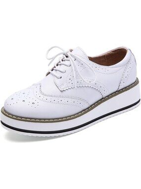 Women's White Round Toe Lace Up Leather Oxford Shoes Wingtip White Platform